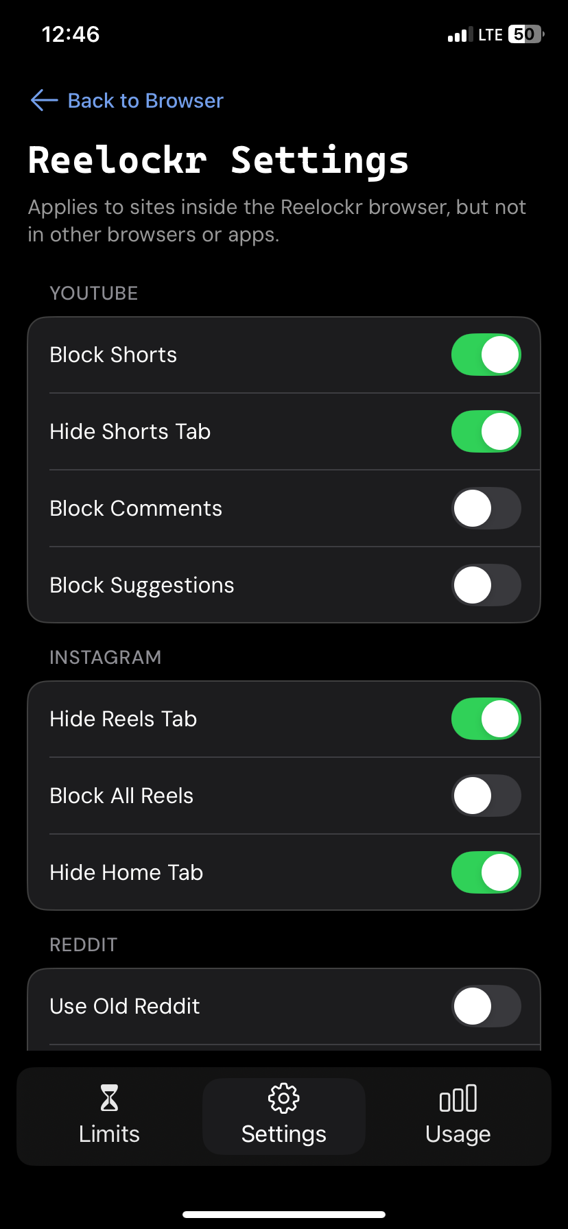 A phone showing RelockIn settings to turn features on or off